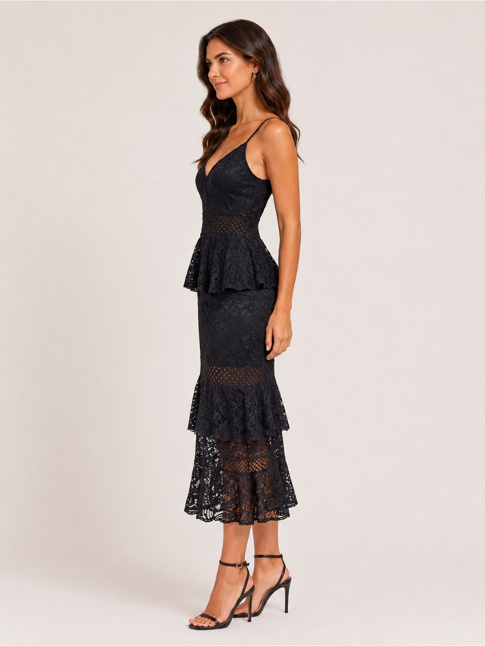 Little Mistress Black Lace Ruffle Midi Dress – Size 6 - Picture 2 of 14